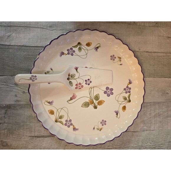 Andrea Sadek Violet Romance Floral Ceramic Cake Dish & Server Set - Picture 1 of 7